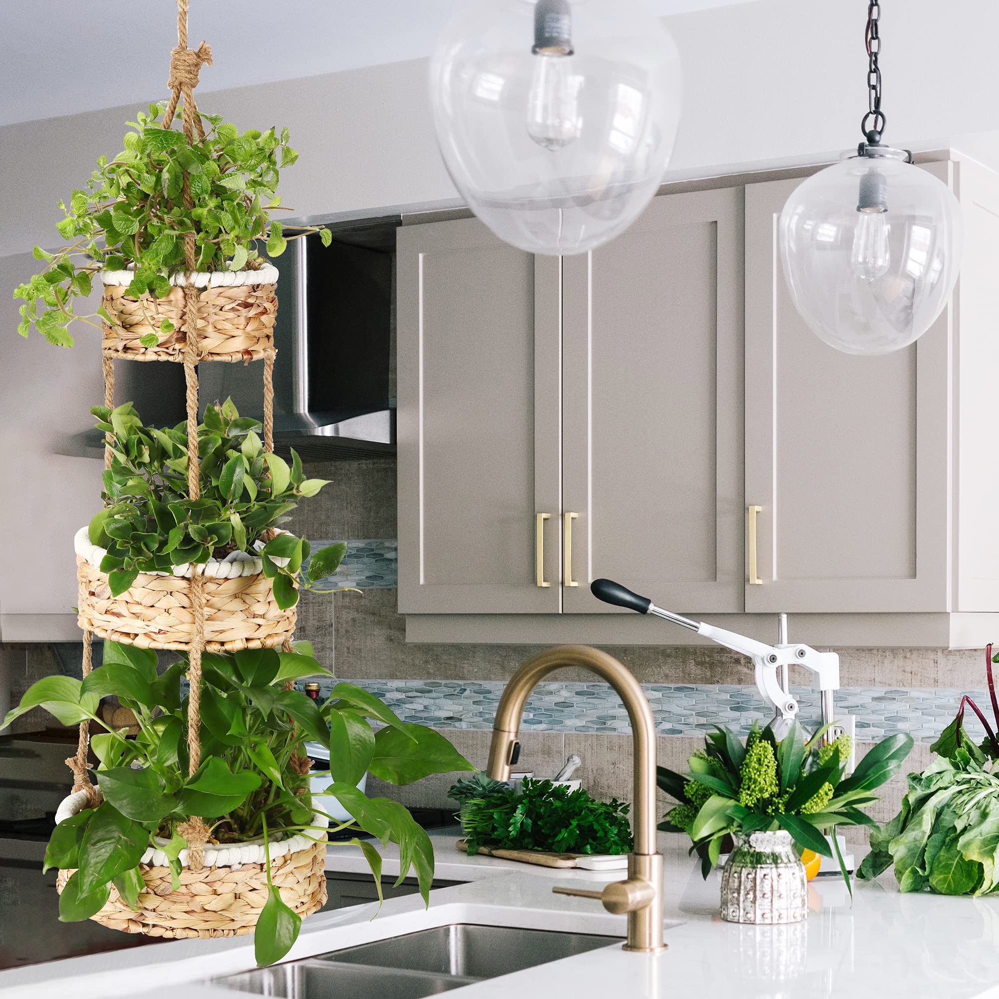 3 Tier Hanging Fruit Basket For Kitchen, Handmade Natural Woven Wicker Seagrass Hanging Basket For Fruit And Vegetable Counterto